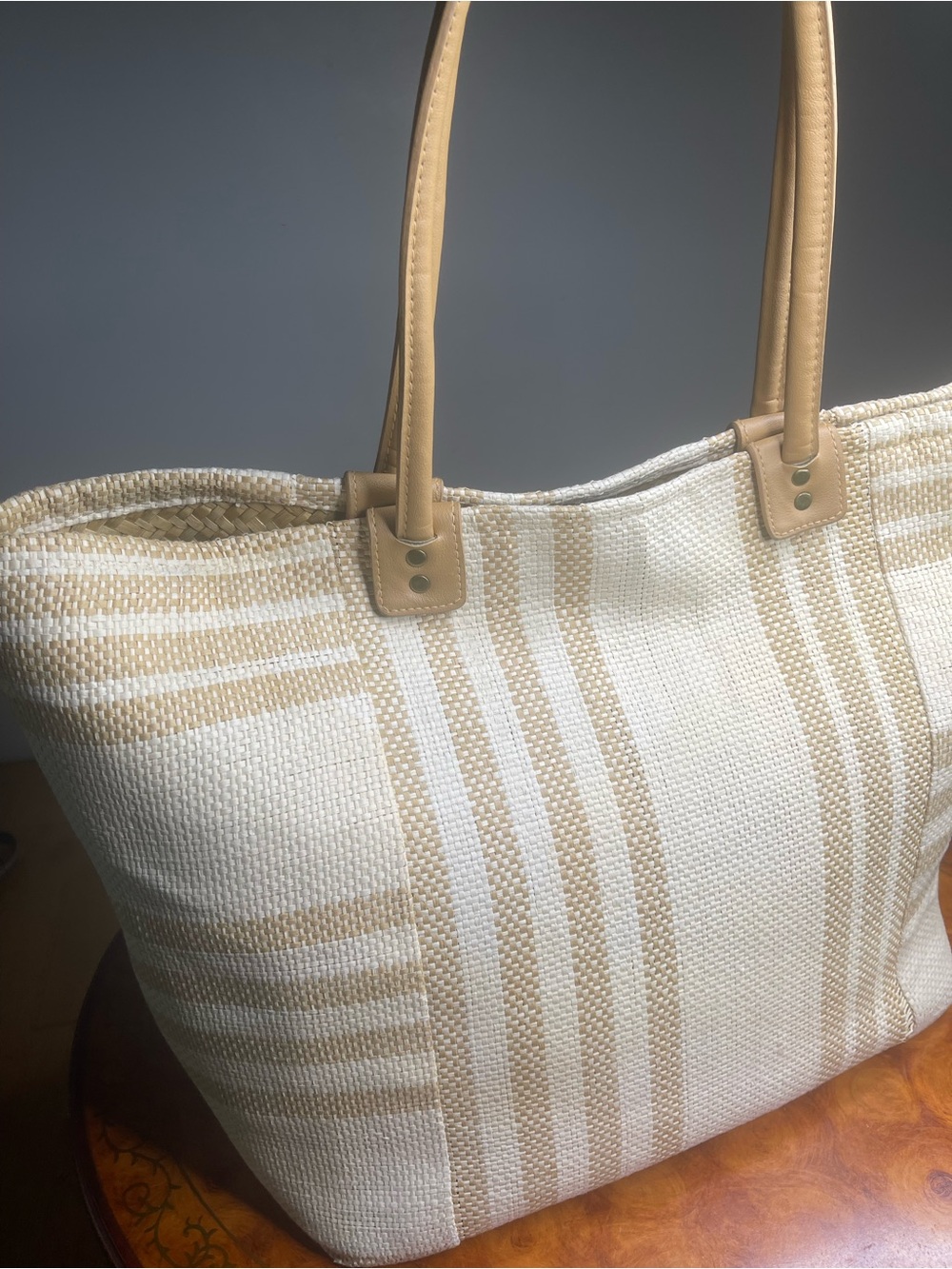 Striped Cream and Tan Woven Tote Bag with Leather Straps